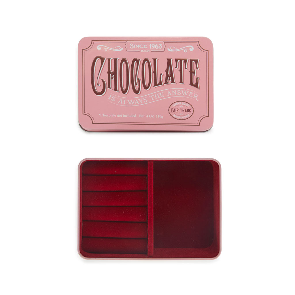 Portagioie Chocolate: la scatola vista dall'alto, col coperchio e il vassoio interno rosso.