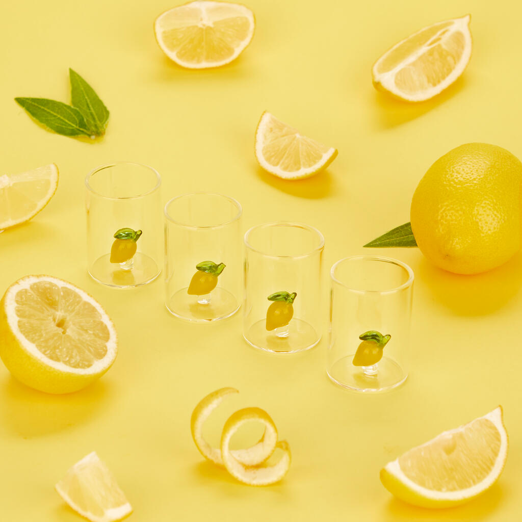 Lemon Shot Glass Set: the empty glasses surrounded by lemon slices and wedges.