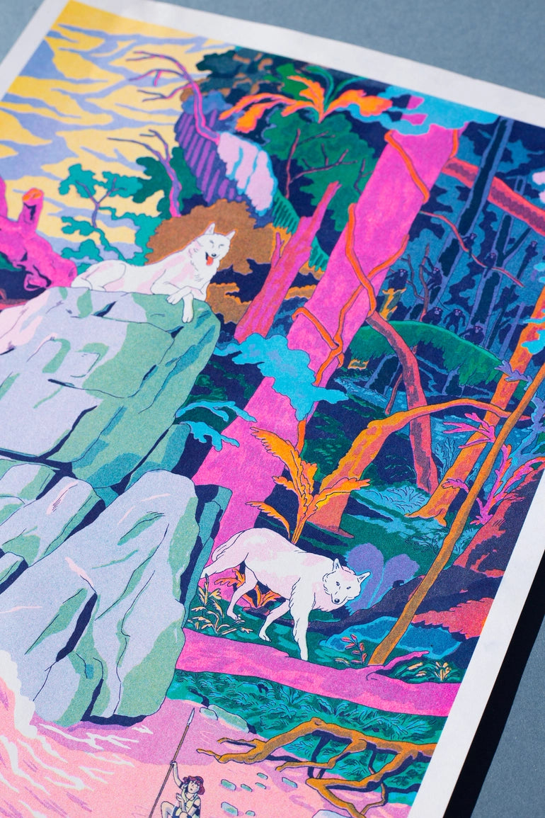 Princess Mononoke poster leaning at an angle, a white wolf on a rock in the forest