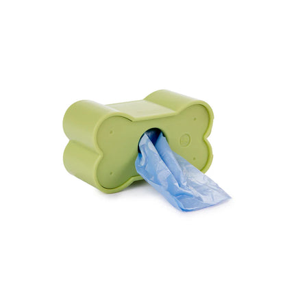 Green Biscuit dog waste bag holder, with BISCUIT embossed and the clip attached