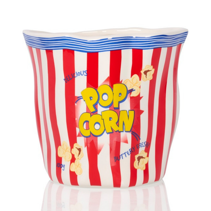 Popcorn tub vase with red and white stripes, a POP CORN print and a blue rim.