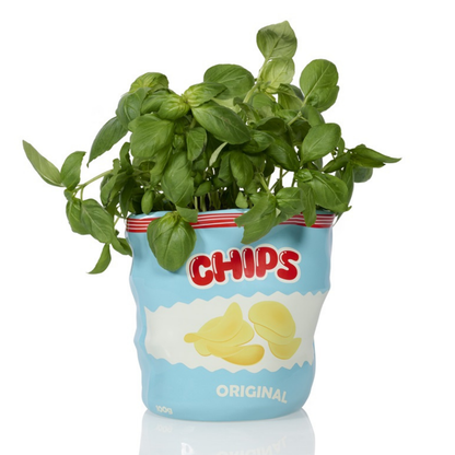 Chips vase shaped like a light blue bag, planted with a basil plant.