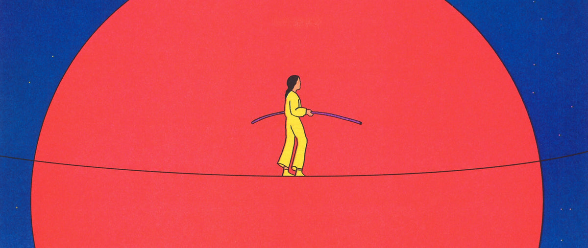 Se Potessi poster, close-up on the tightrope walker in a yellow suit against the red circle