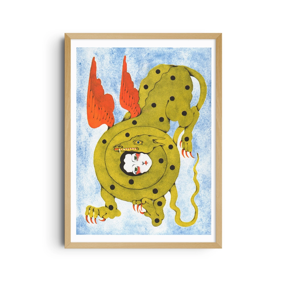 Framed poster of a winged green creature with a face at its centre, on pink