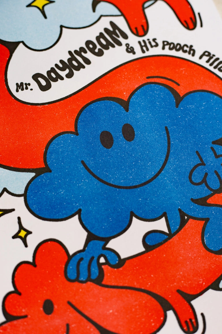 Mr. Daydream poster, close-up on the smiling blue cloud character and the title lettering.