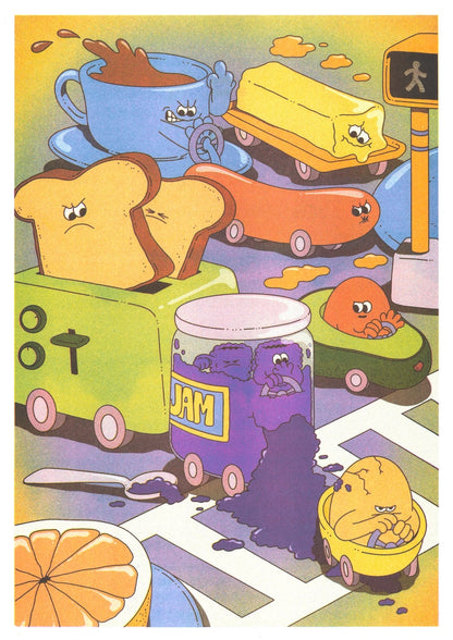Traffic Jam poster shown full length: animated toast, sausages and a jam jar at a crossroads