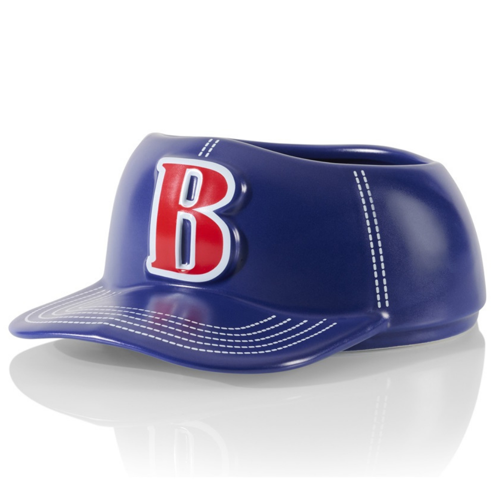 Baseball Cap bowl vase in blue with a red letter B, side view.