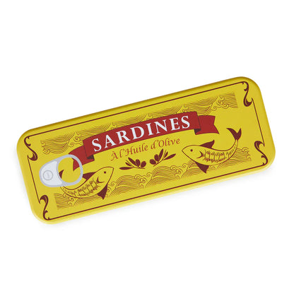 Sardines corkscrew the closed yellow tin box shown from above on a white background.