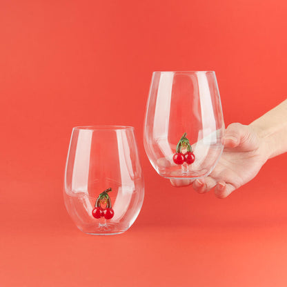Botanical Cherry glass set, a hand holding the larger glass next to a smaller one