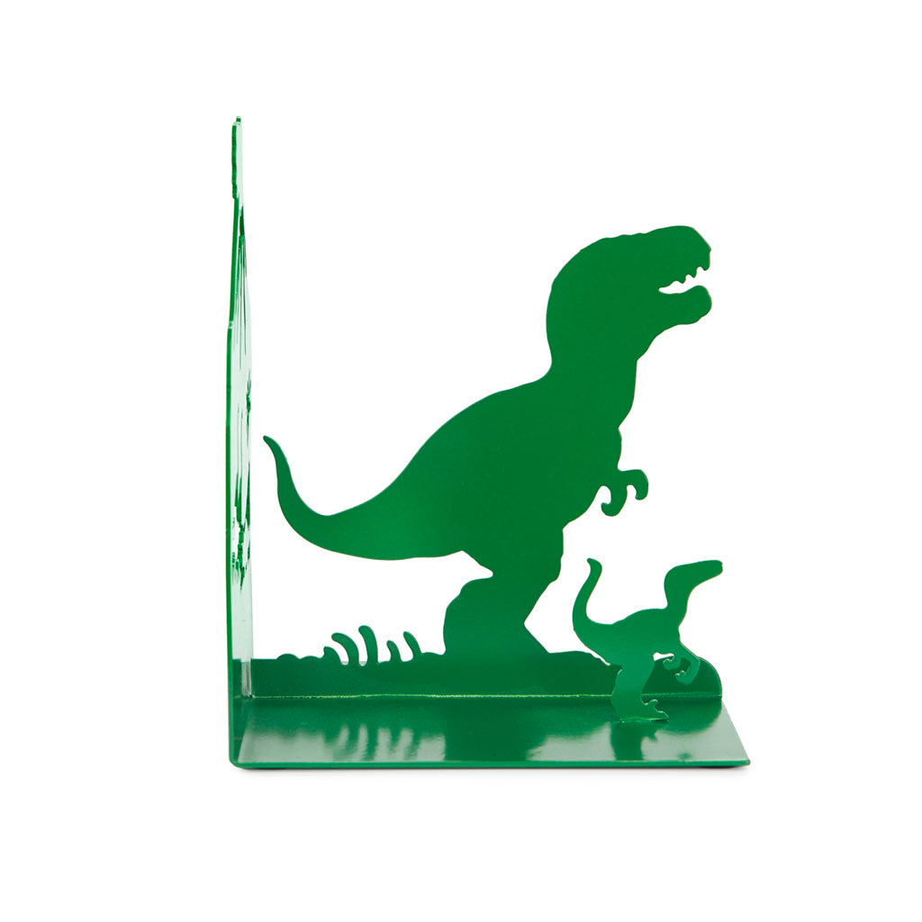 Jurassic Bookend: the green silhouette of the dinosaur and its baby, white background.