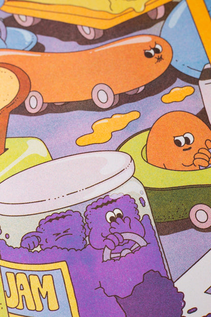 Traffic Jam poster, close-up on the spilt jam jar among the animated characters