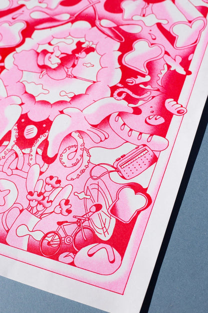 Poster Kiki the Little Witch, dettaglio ravvicinato del motivo rosa e rosso con una figura al centro