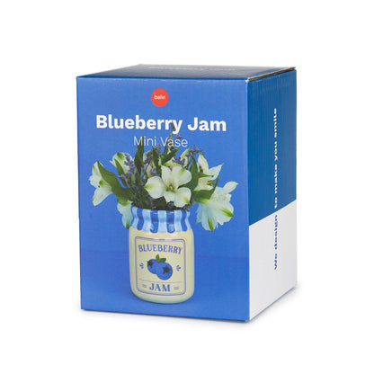 Jam vase, blueberry version, blue box reading «Blueberry Jam Mini Vase»