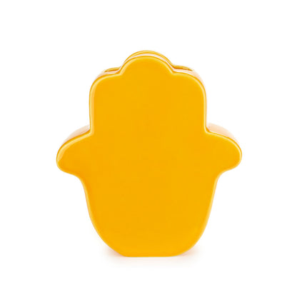 Yellow Lucky Hand vase seen from the back, plain colour