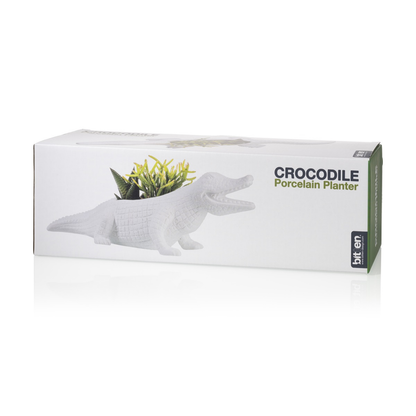 Crocodile vase shown on its packaging box printed with Crocodile Porcelain Planter