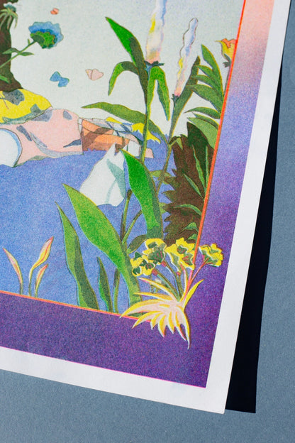 Poster Sogno Totoro, dettaglio ravvicinato dell'angolo con fiori bianchi e rosa