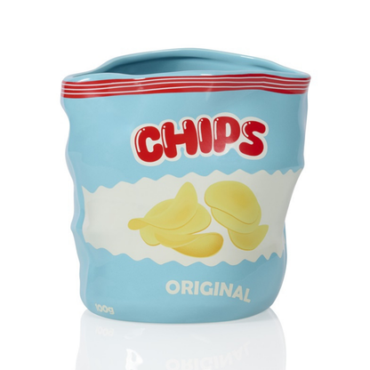 Chips vase in pale blue shaped like a crisp packet, printed with two golden crisps.
