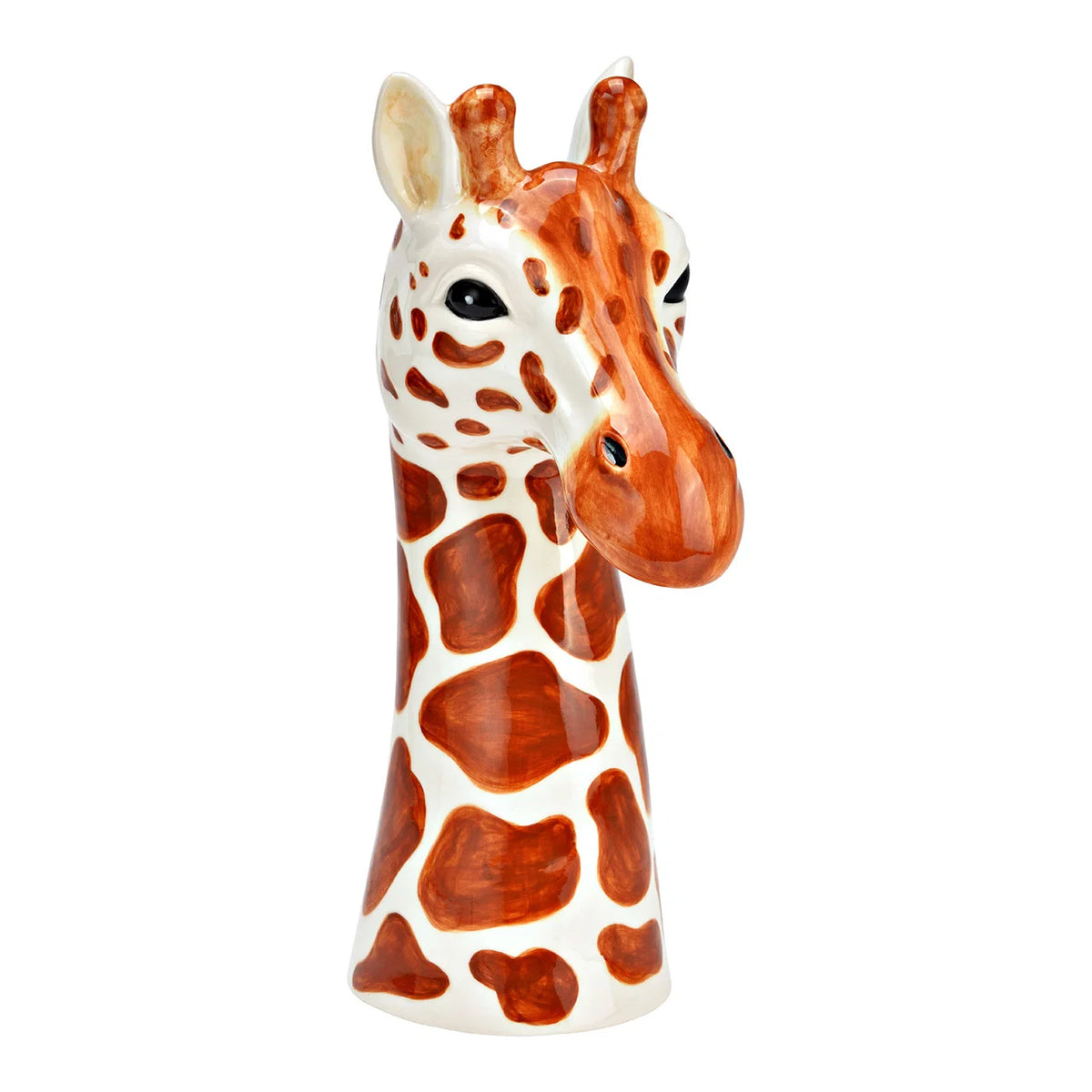 Vaso Giraffa: testa e collo di giraffa in ceramica bianca con macchie marroni, vuoto.