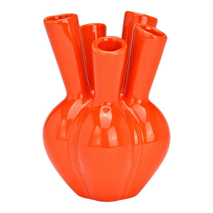 Vaso Aglio: an orange ceramic vase with five tube-shaped openings fanning outward, shown empty.