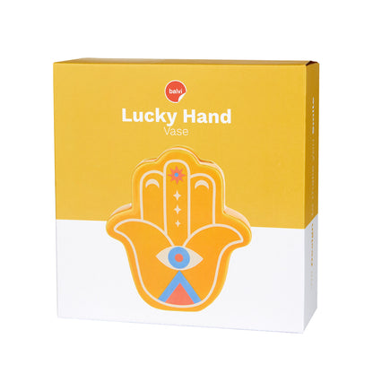 Yellow Lucky Hand vase in its box with the hand design