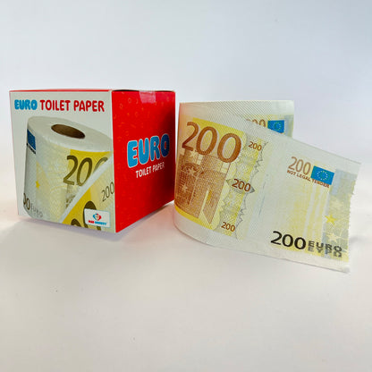 €200 toilet paper red packaging with the roll and the banknote print shown on the box.