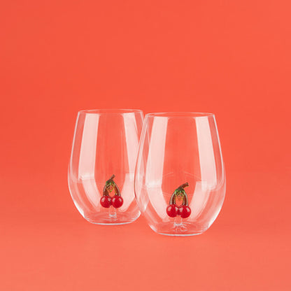 Botanical Cherry glass set, two glasses with a cherry decoration at the base, orange background