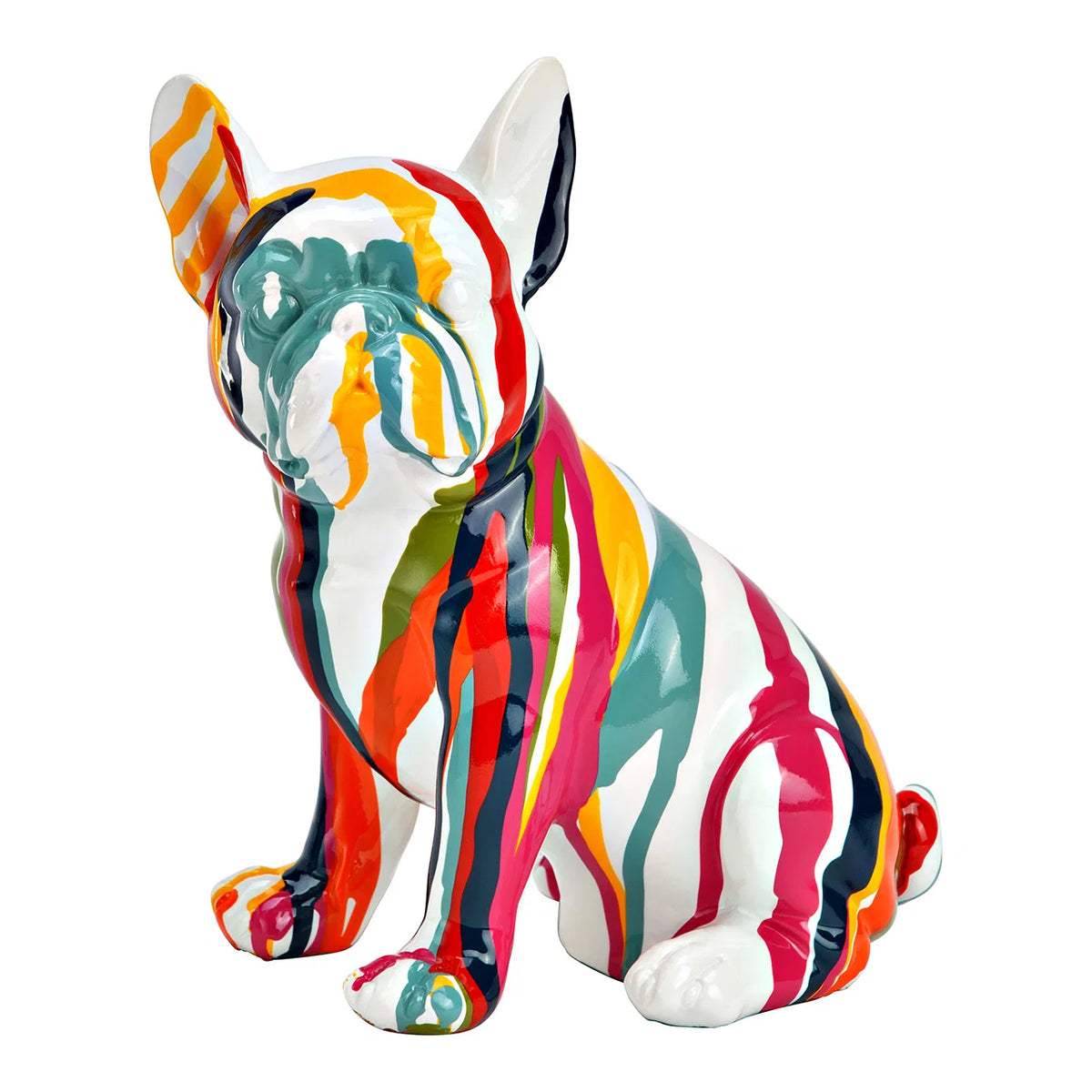 Statuina Bulldog Pop: a sitting French bulldog figure, painted with multicoloured pop-art stripes.