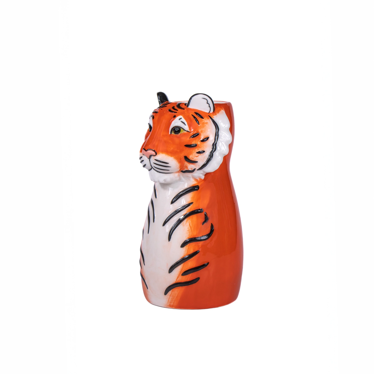 Hand-painted tiger-head-shaped vase in orange and white, empty