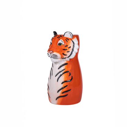 Hand-painted tiger-head-shaped vase in orange and white, empty