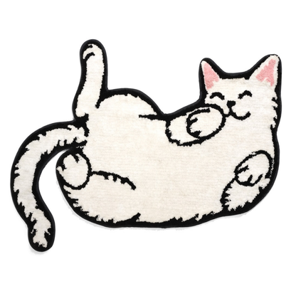 Relaxed Cat rug: a white rug shaped like a cat lying on its side, black outline.