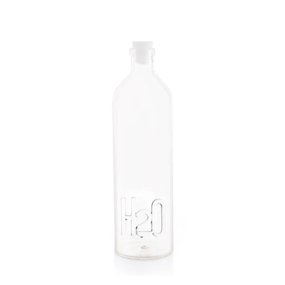 Clear glass bottle with H2O embossed on the glass
