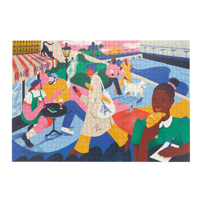 Paris Puzzle close-up of the assembled image showing a colourful café bistro scene by the river.