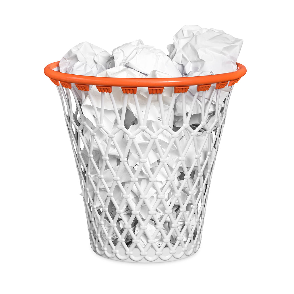 Basket Bin: a close-up of the bin full of crumpled paper with the orange rim.