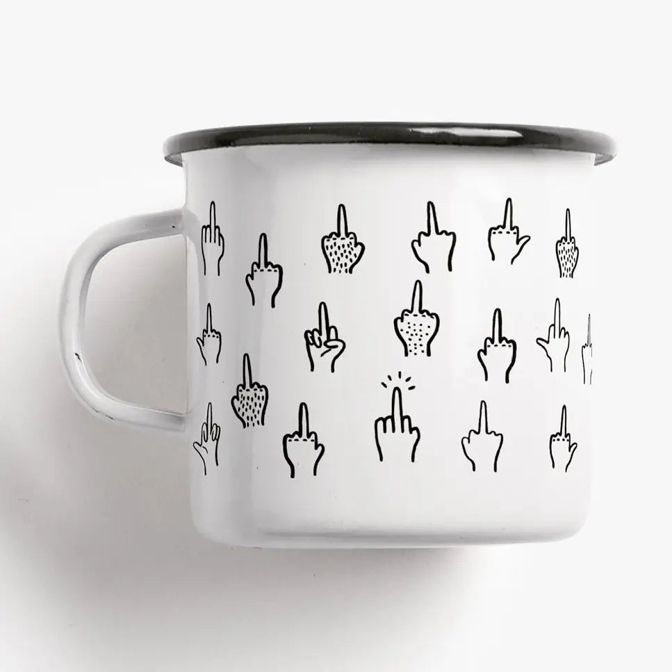 Tazza F*ck You: a white mug covered in black drawings of hands showing the middle finger.