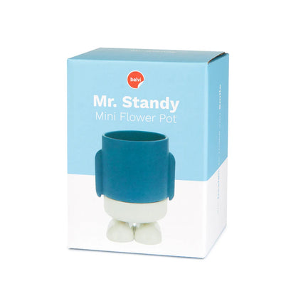 Mini Mr. Standy planter blue packaging showing the little pot with legs printed on the box.