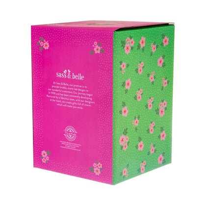 Vaso Frida, retro della confezione con fiori rosa su sfondo verde a pois.