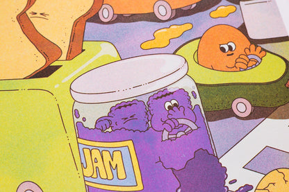 Close-up detail of the poster, showing the purple jam jar