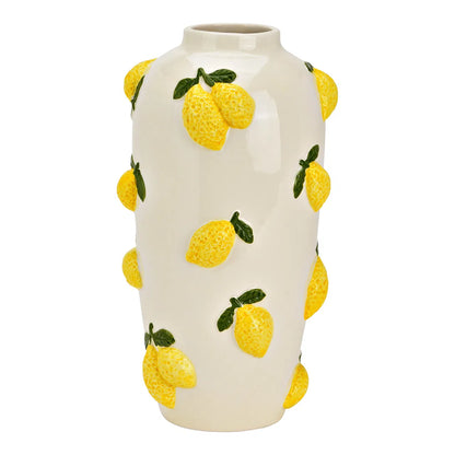 Vaso Limonaia: a cream-coloured vase decorated with raised yellow lemons and green leaves, shown empty.