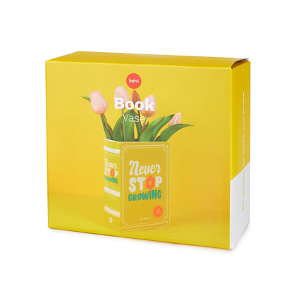 The yellow book vase shown in its book-themed box