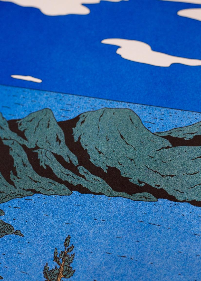 Nowhere in Portugal poster, close-up on green mountains against a blue sky