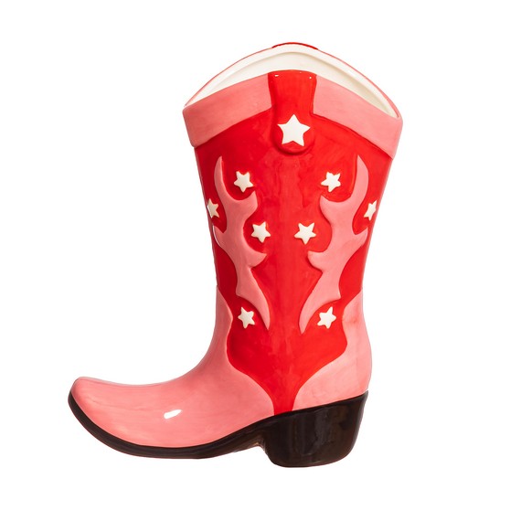 Vaso Rodeo: a pink-and-red ceramic cowboy boot with white stars, shown empty.