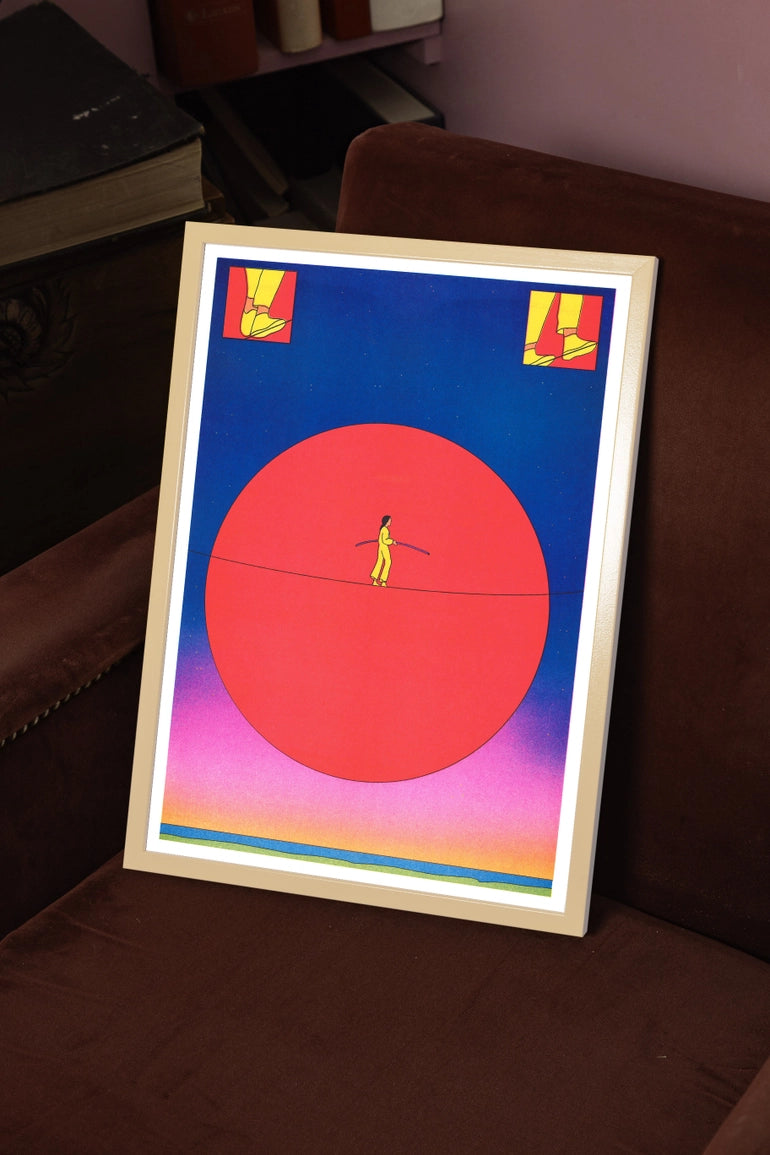 Se Potessi poster leaning on a brown armchair, a red circle with a tightrope walker