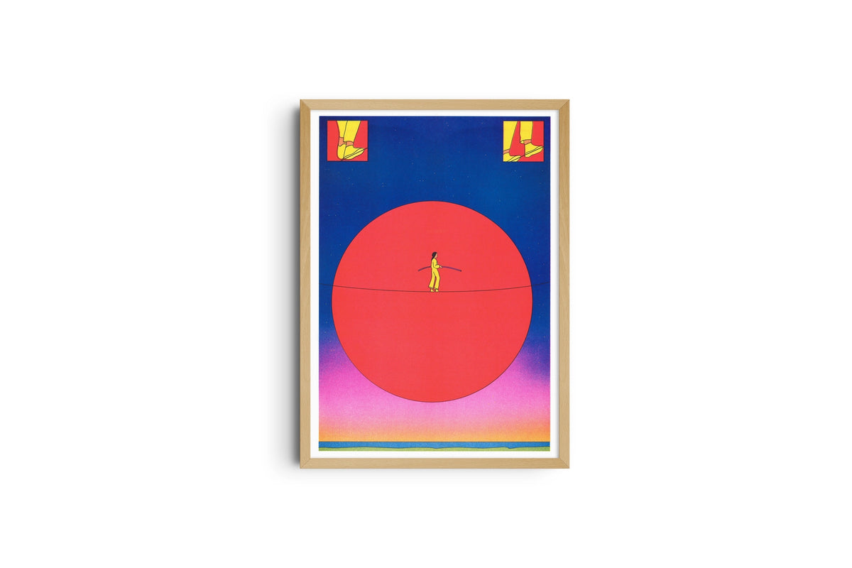 Se Potessi poster framed in light wood on white, red circle with a tightrope walker