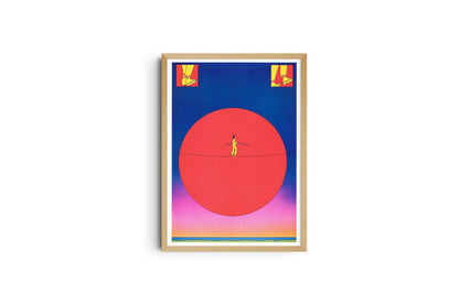 Se Potessi poster framed in light wood on white, red circle with a tightrope walker