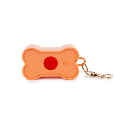 Orange bone-shaped dog waste bag holder, with a gold carabiner clip