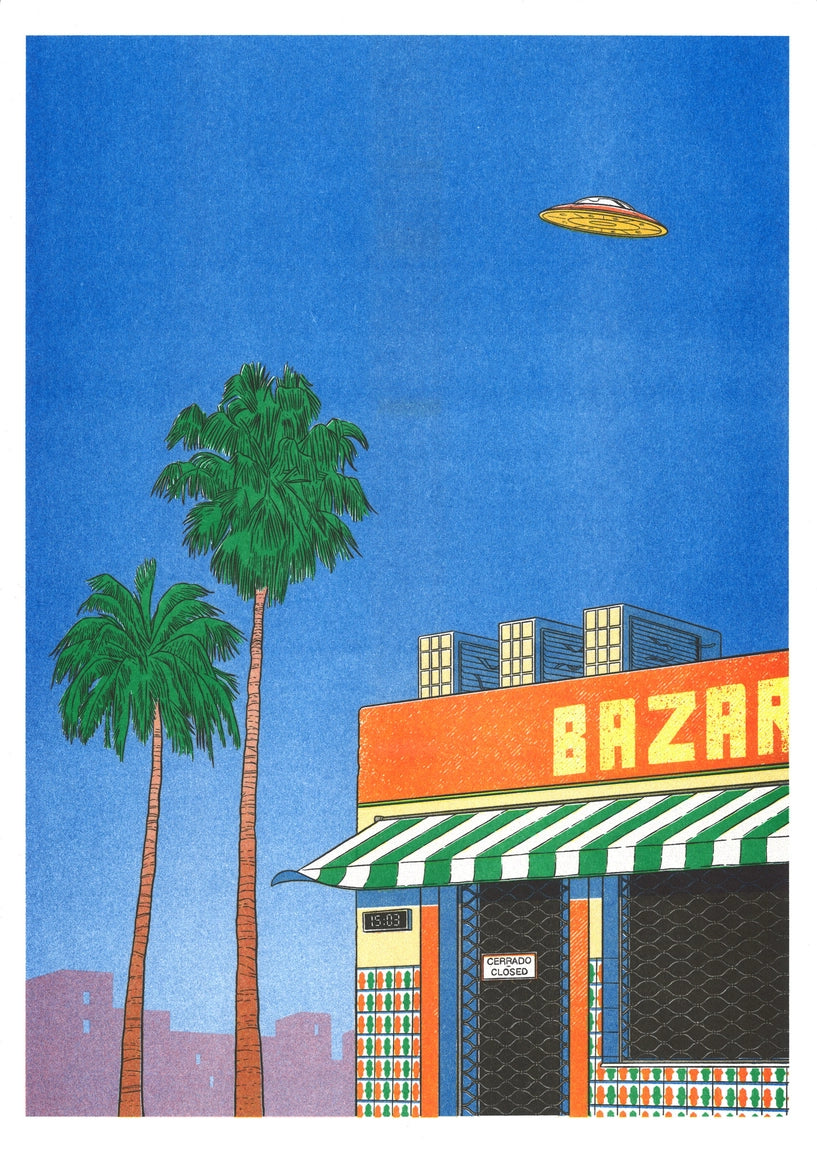 Same poster without the frame, showing the Bazar shop and neon signs