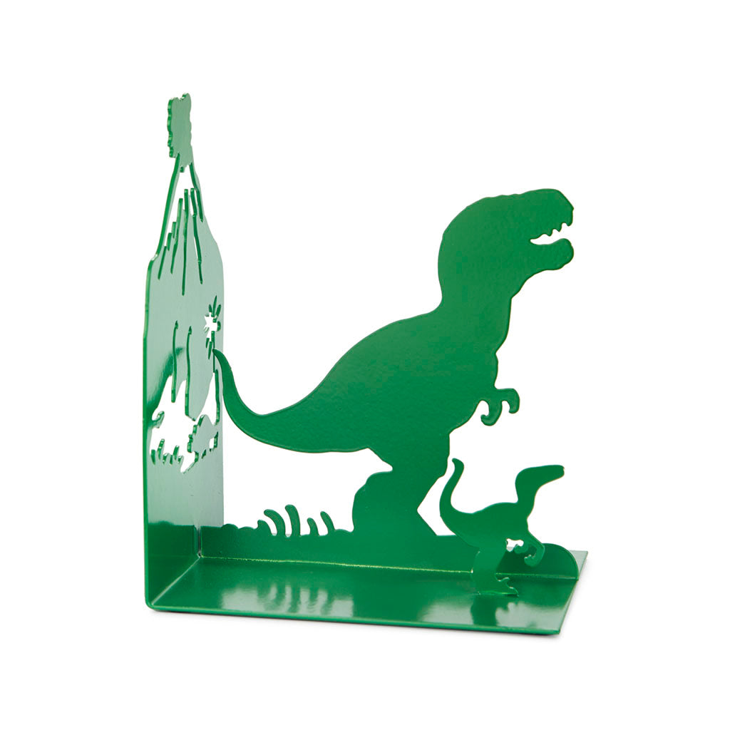 Jurassic Bookend: the cut-out side shaped like a bottle with a volcano and palm trees.