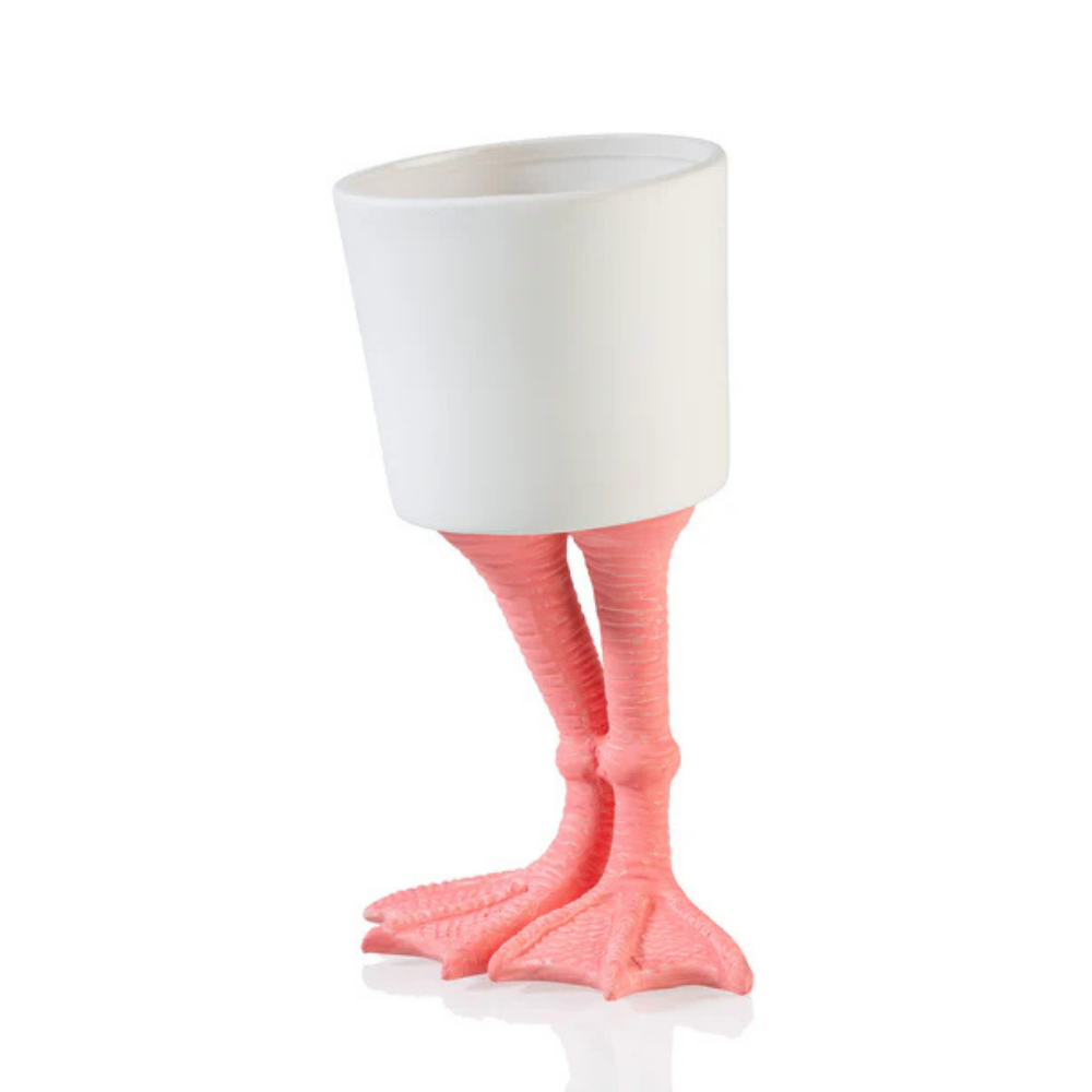 Fenicottero vase in white on pink legs, without a plant, isolated on white.