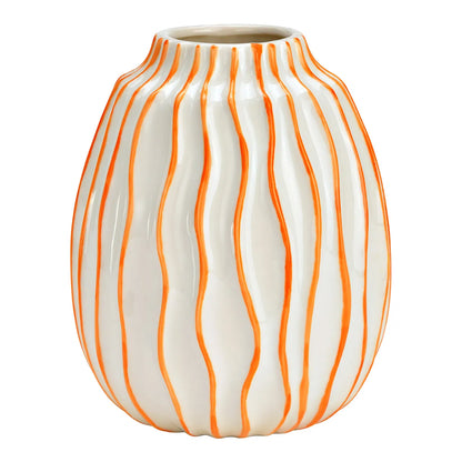 Waves vase in white with raised orange wavy vertical ribs, empty.
