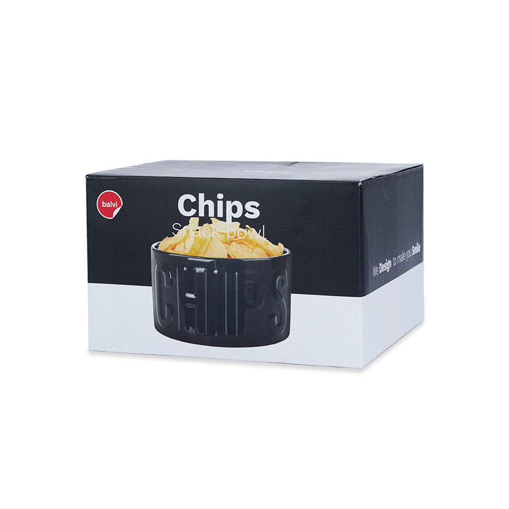 Ciotola Snack Chips, confezione nera e bianca con l'illustrazione della ciotola piena di patatine